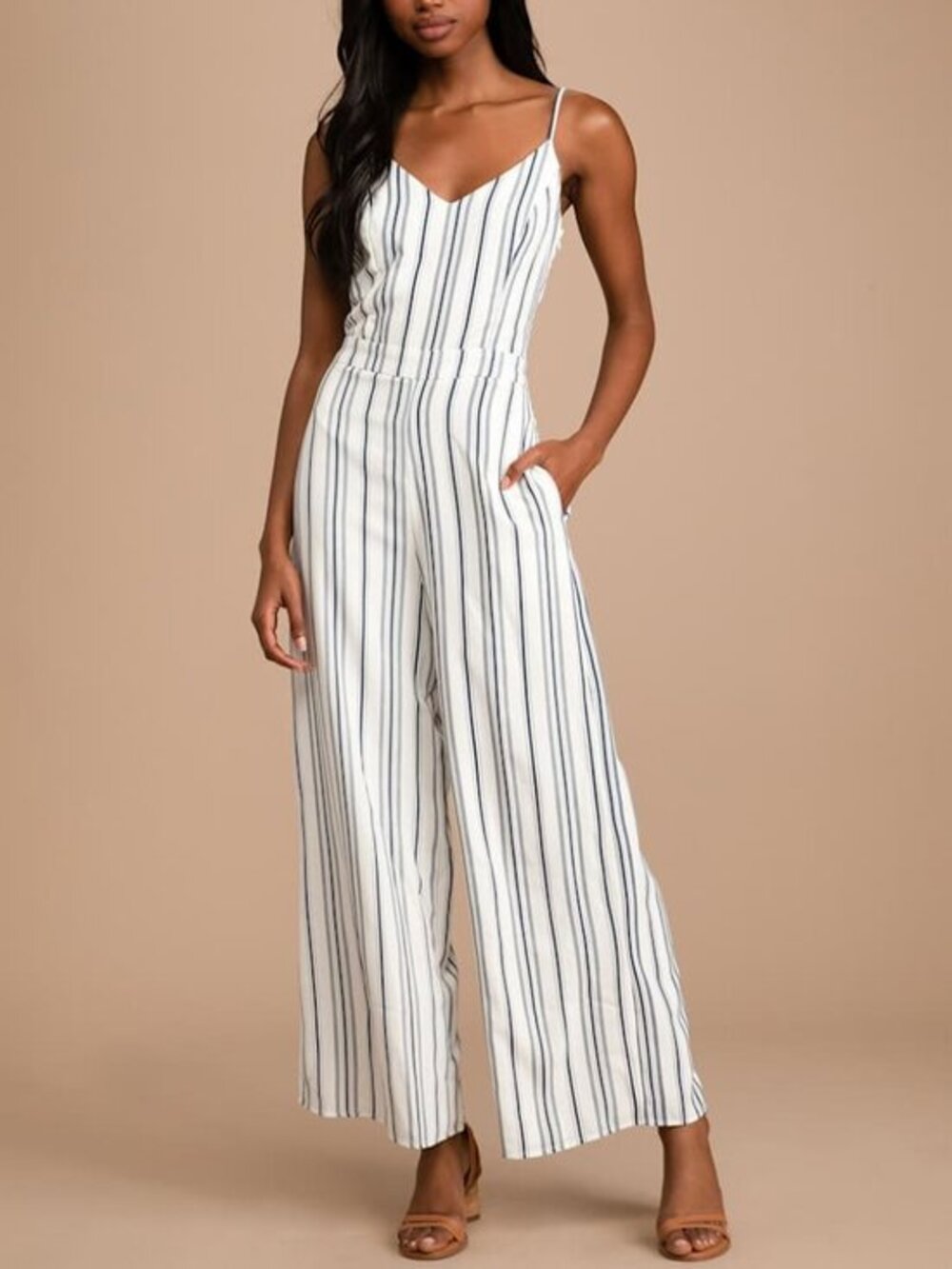 Lulus Take Time to Sea Me Blue and White Striped Lace-Up Wide Leg Jumpsuit NWT